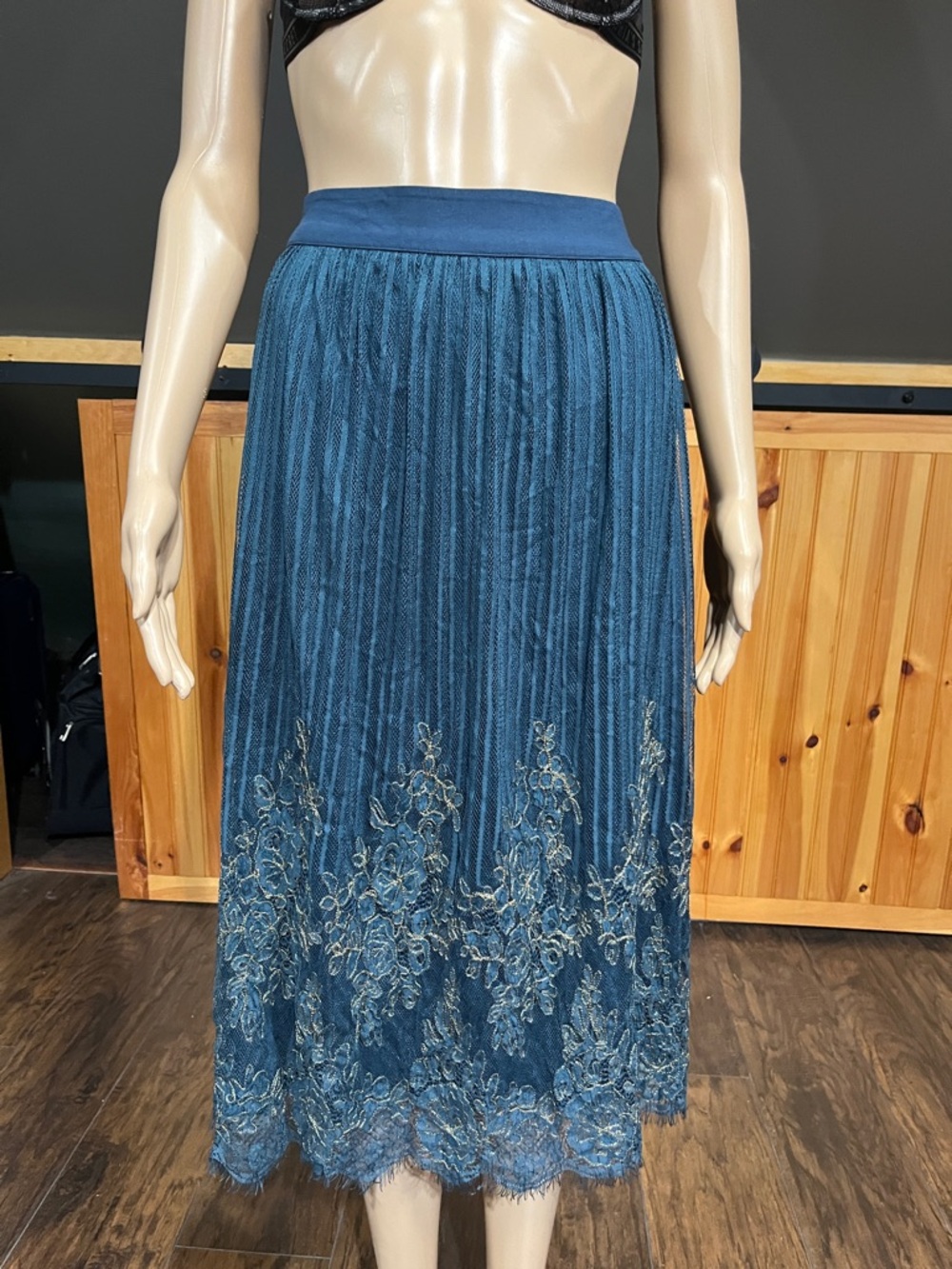 Anthropologie  Bl-nk Blue Lace Embroidered Pleated Midi Skirt
